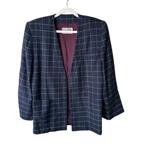 Vintage 80s 90s Mr. Jax Linen Blend Navy Windowpane Blazer Size 6 Minimalist